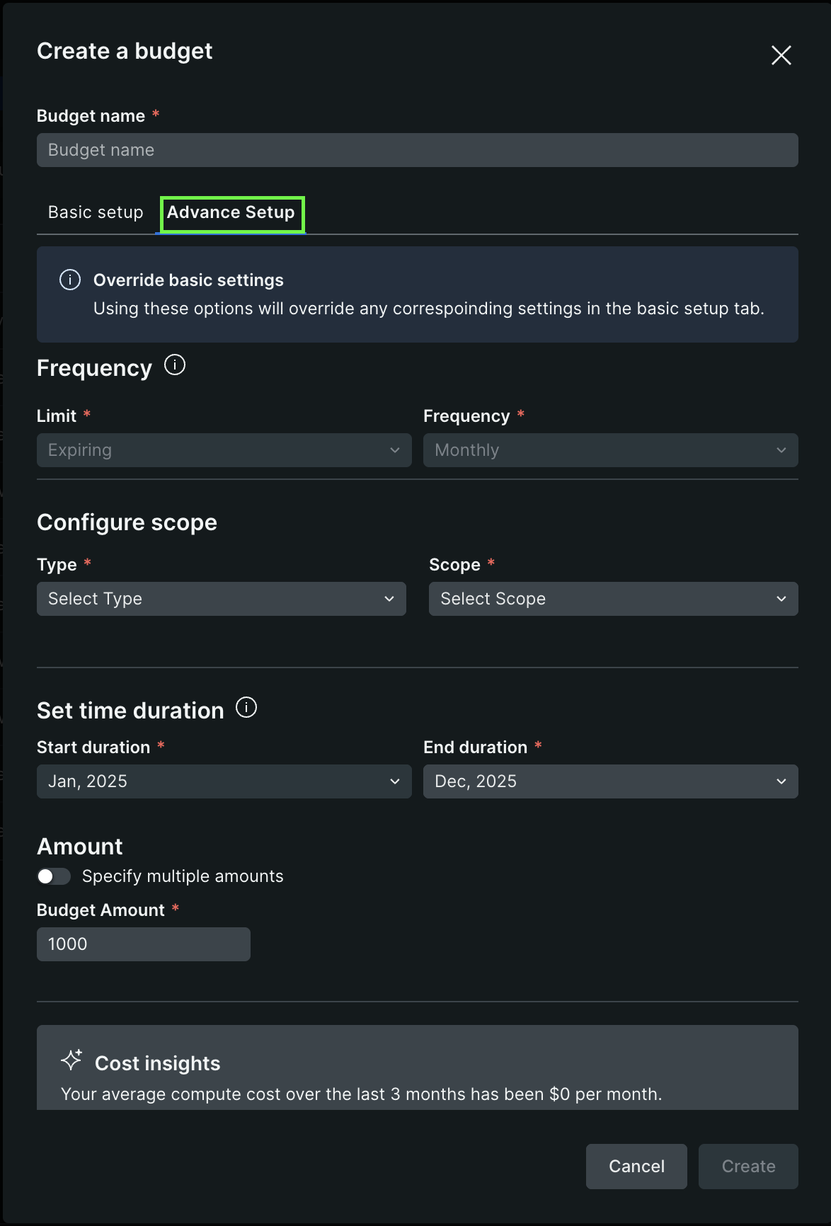 Advanced setup for budgets highlighted on the create a budget page BAdvanced setup for budgets highlighted on the create a budget page