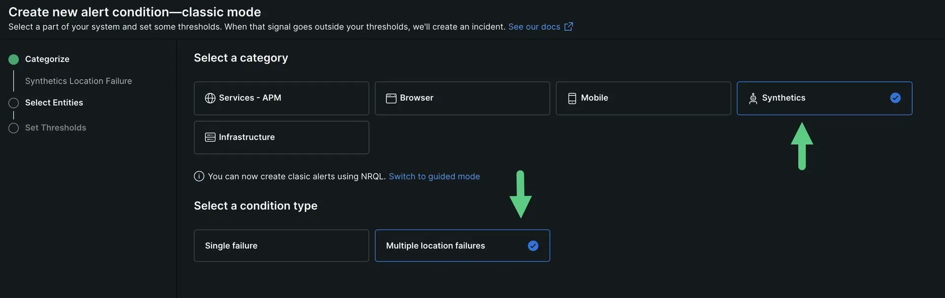 Create a classic alert for synthetics A screenshot that shows what to select to create a classic alert for synthetics