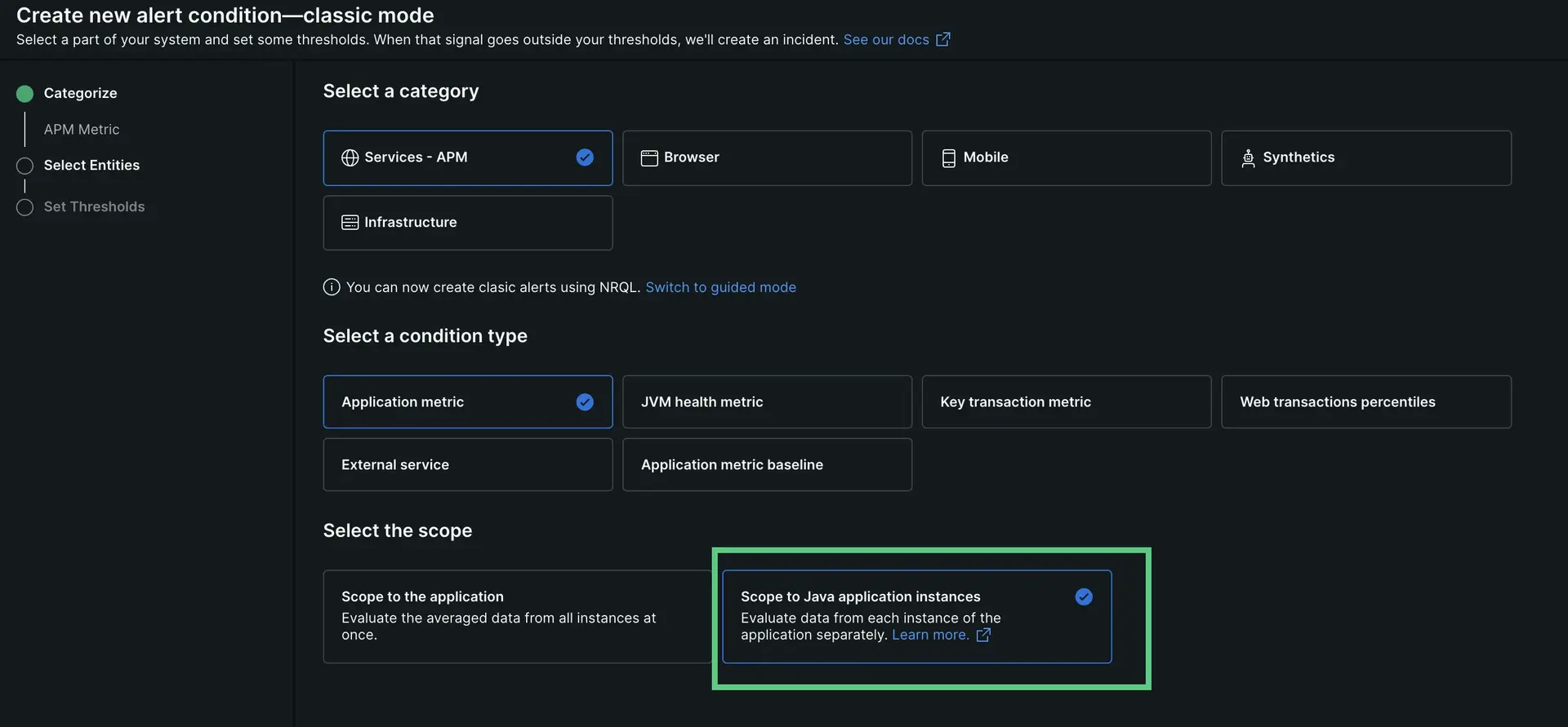 Create alerts based on threshold instances A screenshot showing what to select to create alerts based on threshold instances