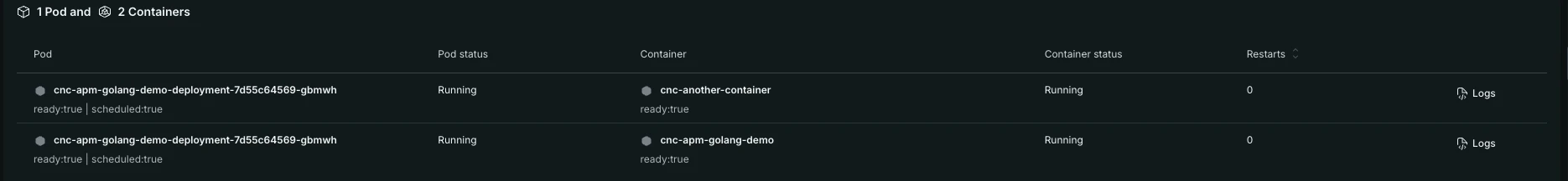 Kubernetes page - Pods and Containers This is an image of the Kubernetes APM page