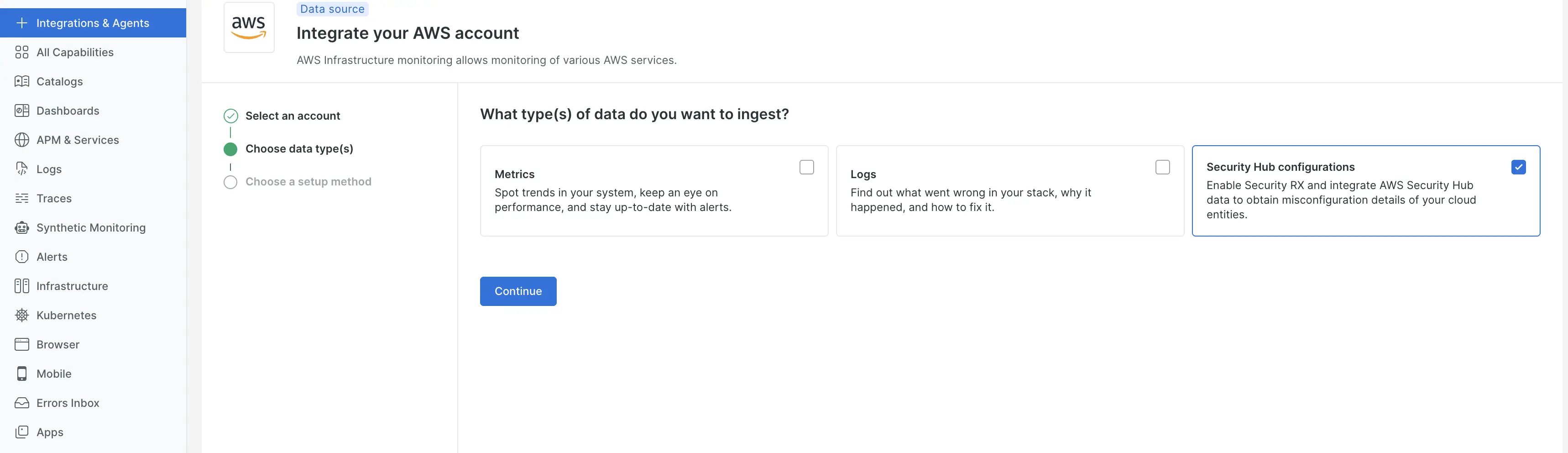 AWS integration datatype Screenshot showing the AWS integration datatype with Security Hub configurations option selected