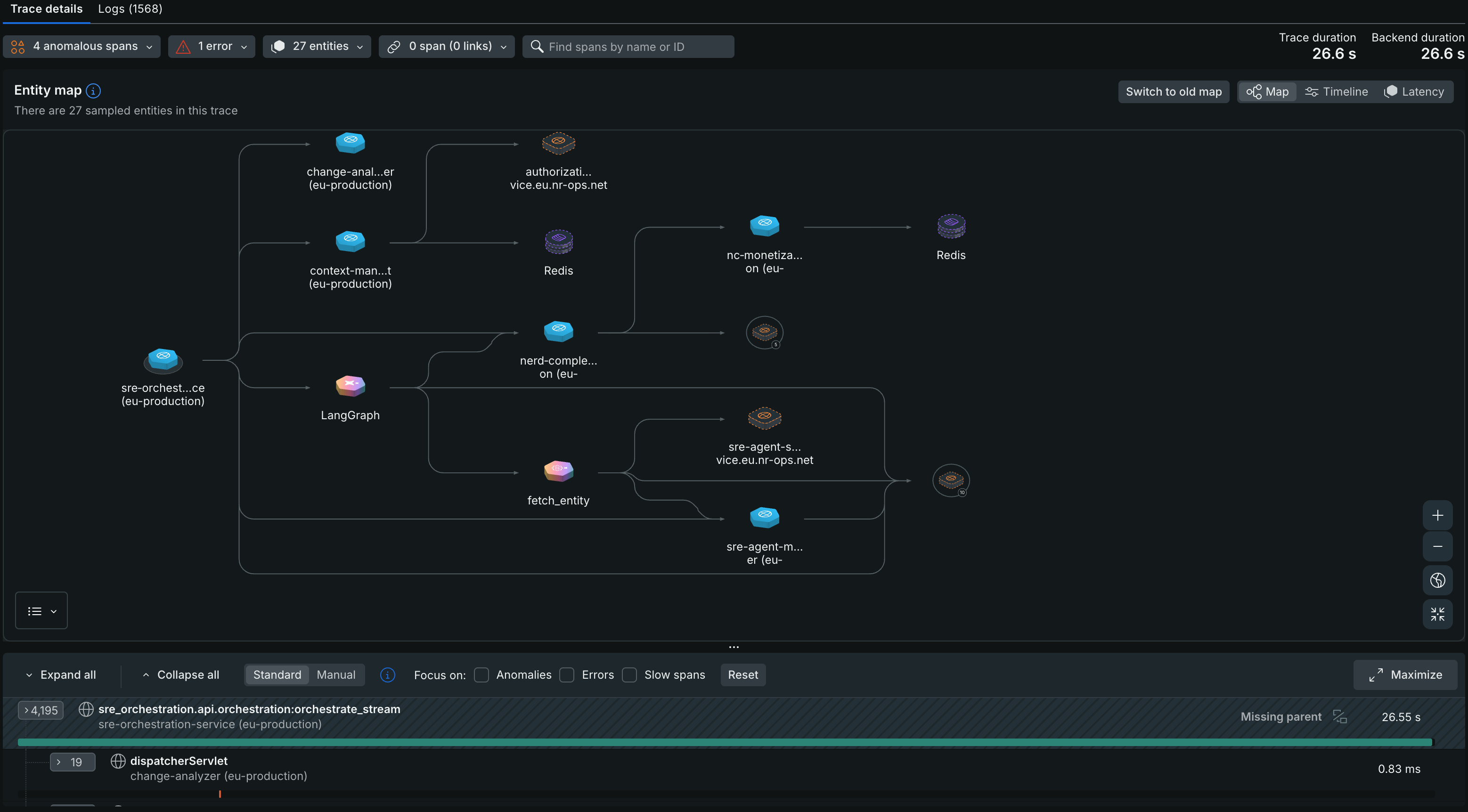 Trace details page Screenshot showing the updated entity map in the trace details UI, with the Switch to old map button
