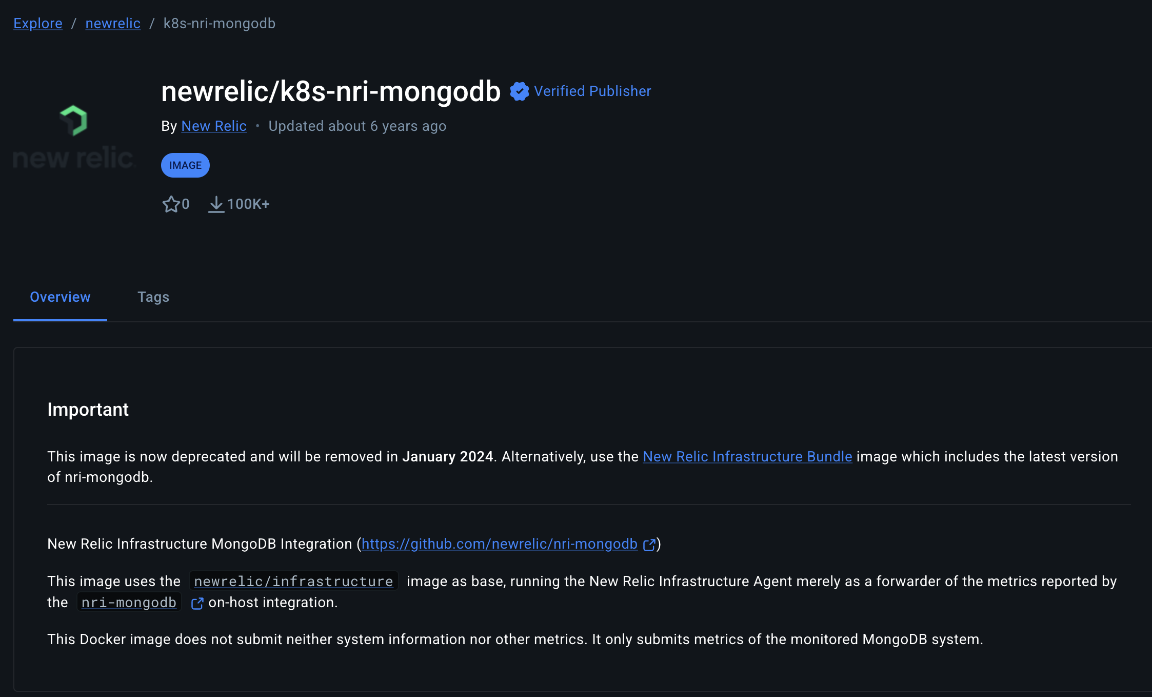 Screenshot of Docker Hub deprecation notice for legacy Kubernetes images