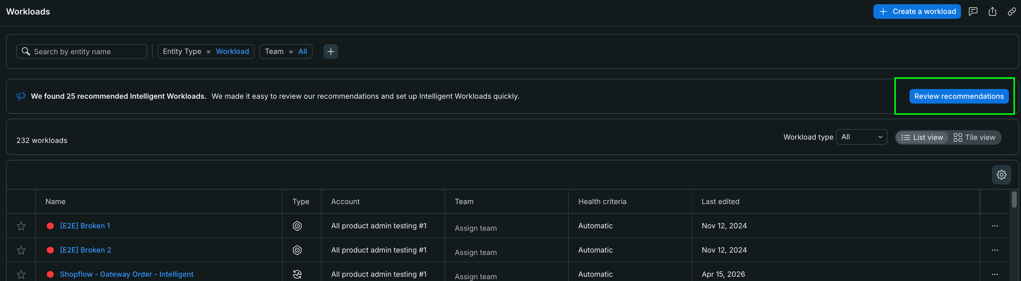 Workloads page with Review recommendations banner Screenshot of the Workloads page showing the Review recommendations banner and button