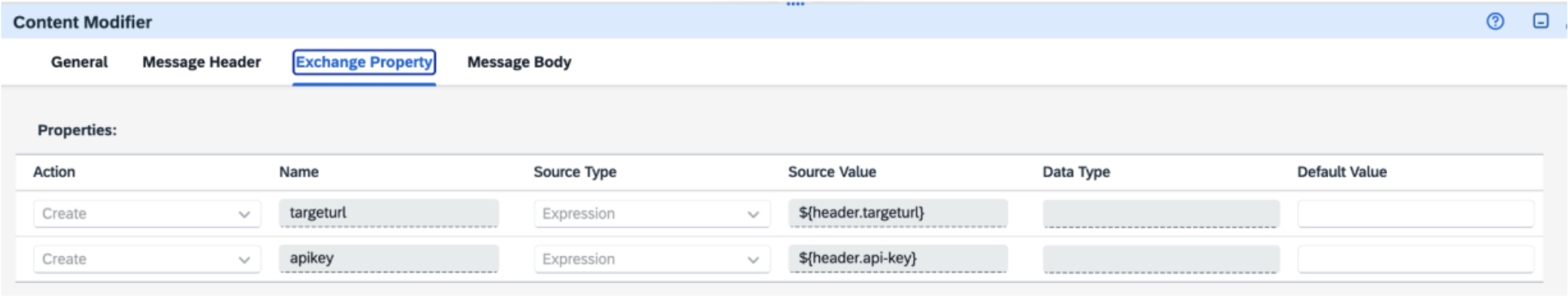 Request content modifier configuration for storing exchange properties Request content modifier configuration for storing exchange properties