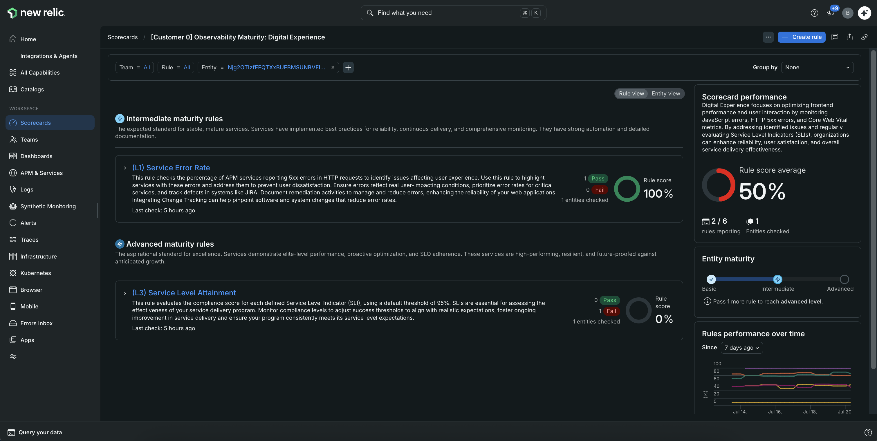 Single entity maturity progression in a Scorecard A Scorecard filtered to a single entity, showing a maturity progression slider from Basic to Advanced and the deficiencies remaining to reach the next level