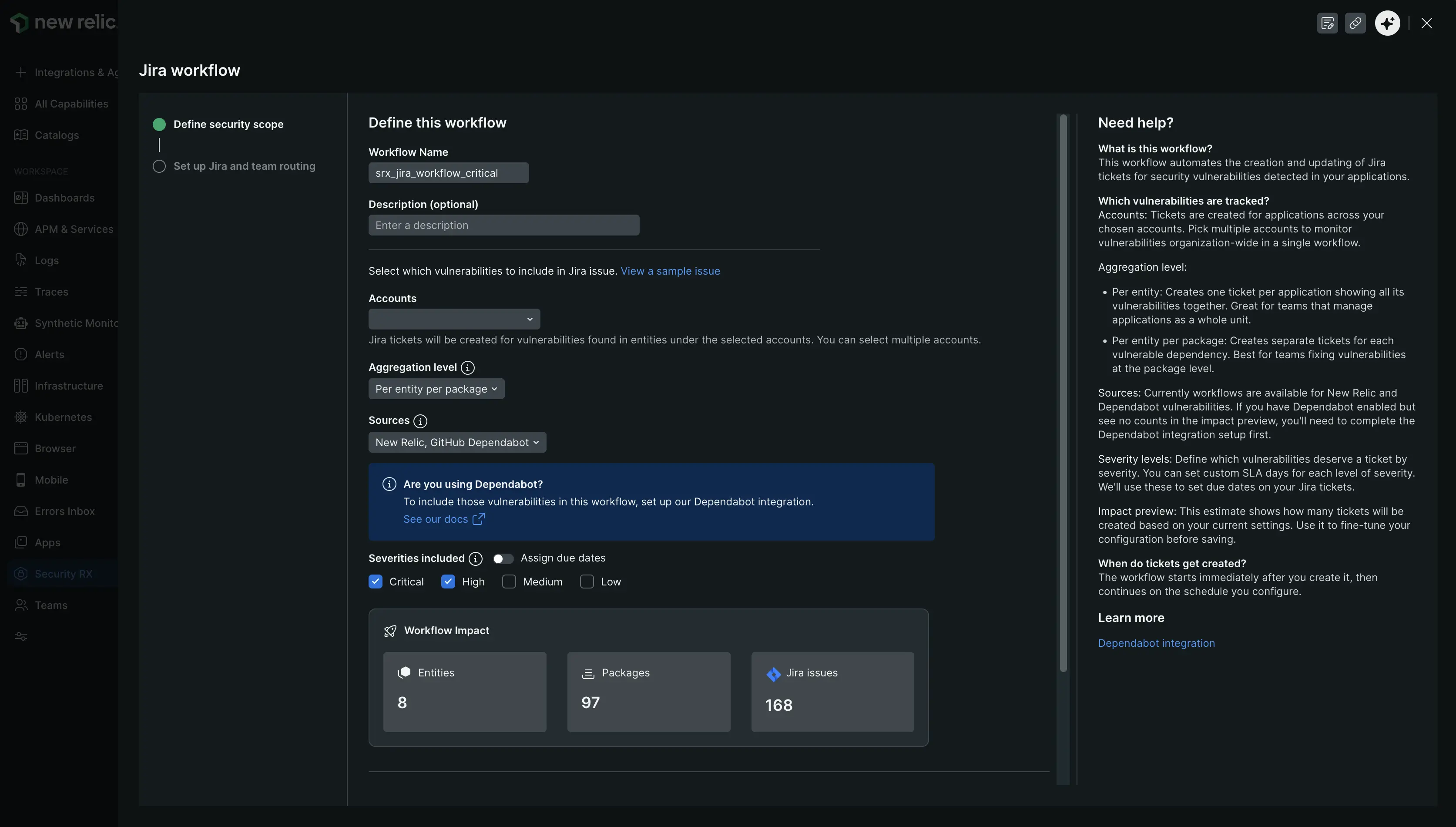 Security RX Jira workflow — Step 1: Define security scope Screenshot of the workflow creation wizard Step 1, showing workflow name, account selection, aggregation level, sources, severities, and workflow impact preview