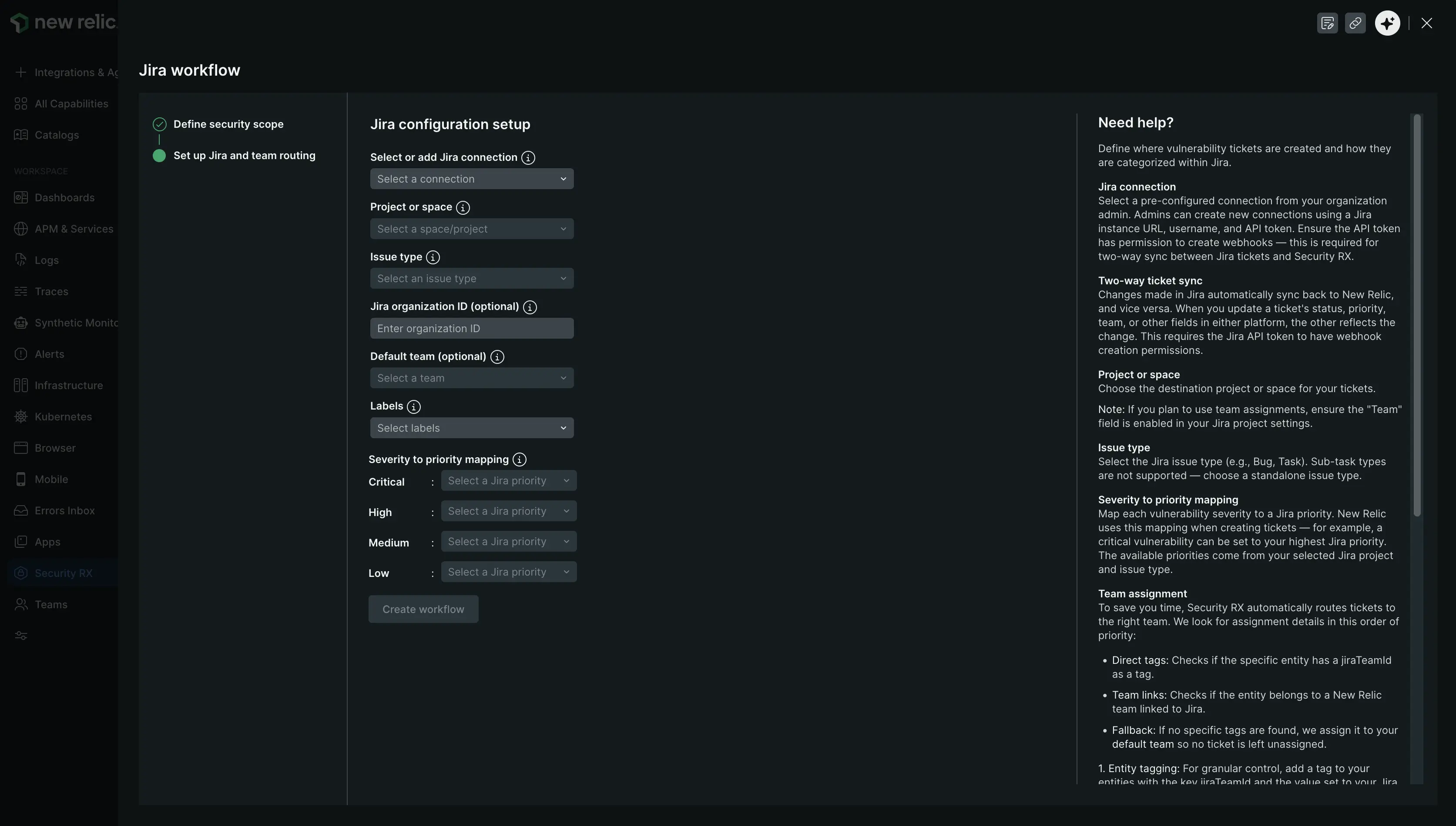 Security RX Jira workflow — Step 2: Set up Jira and team routing Screenshot of the workflow creation wizard Step 2, showing Jira connection, space/project, issue type, org ID, default team, labels, and severity to priority mapping