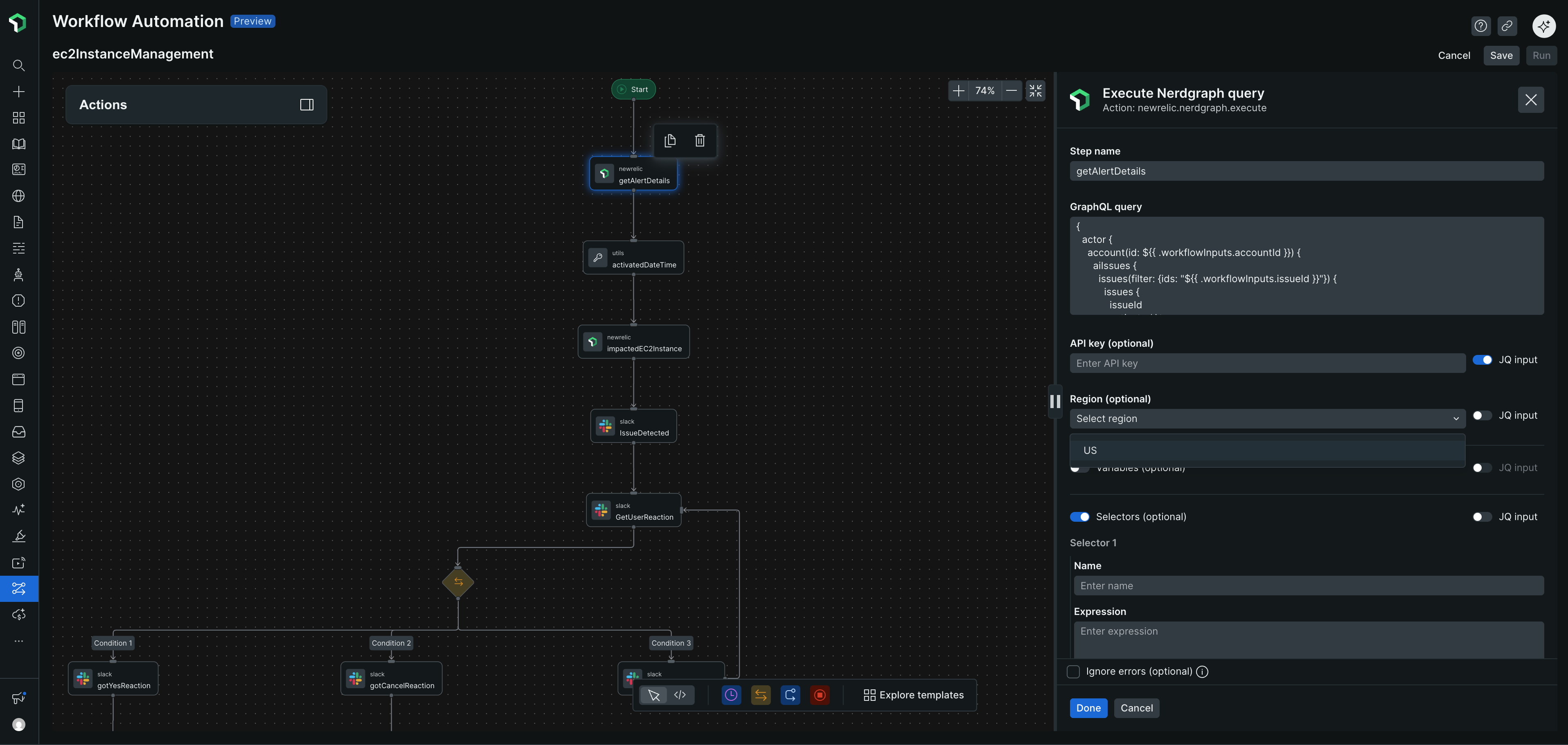 Create and manage workflows in New Relic Workflow Automation interface showing workflow steps, triggers, and action configuration